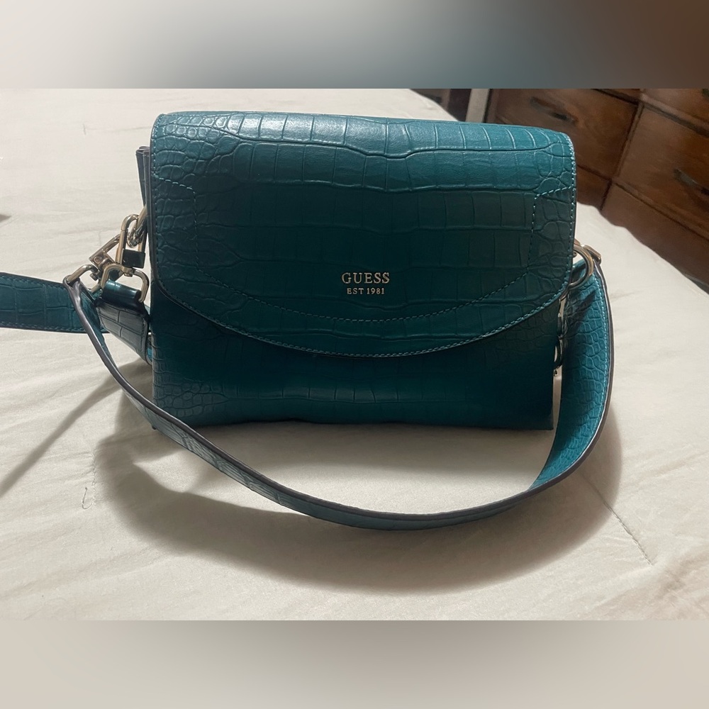GUESS Turquoise Croc-Embossed Crossbody Bag